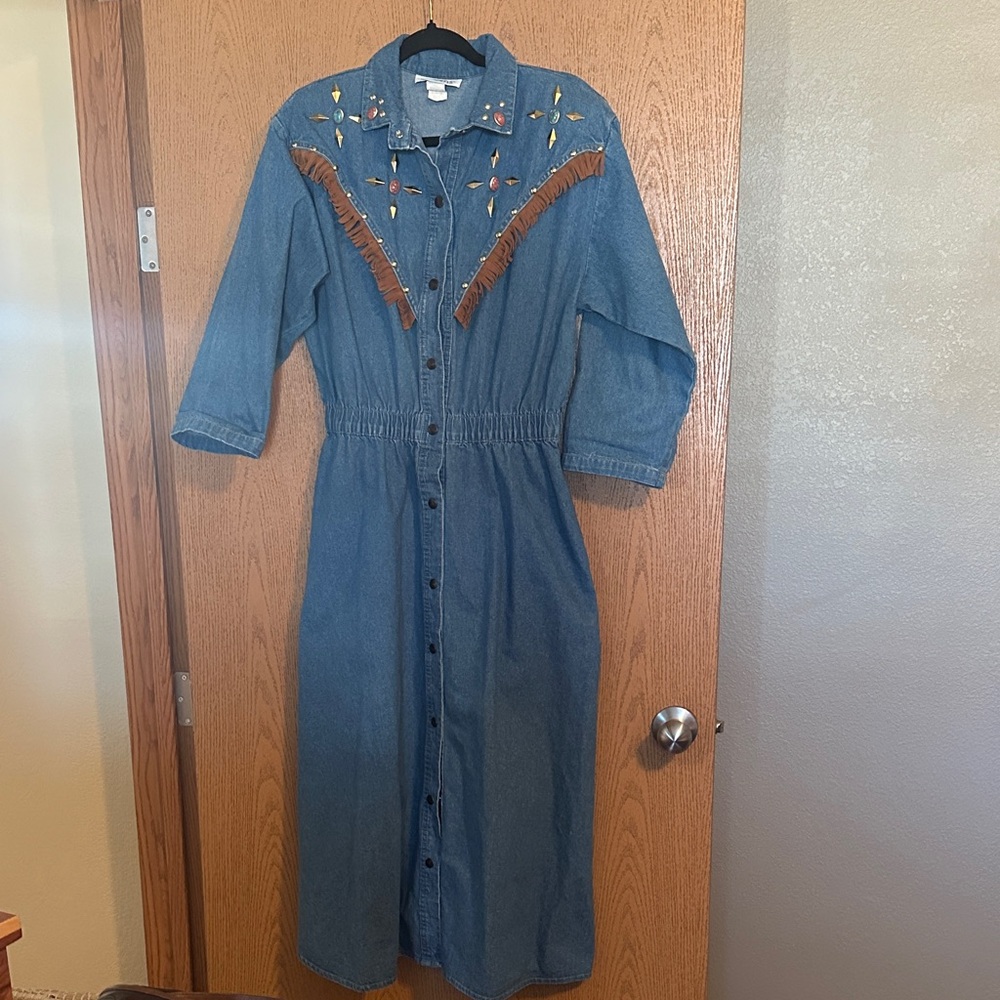 Vintage Western Denim Dress with Fringe
